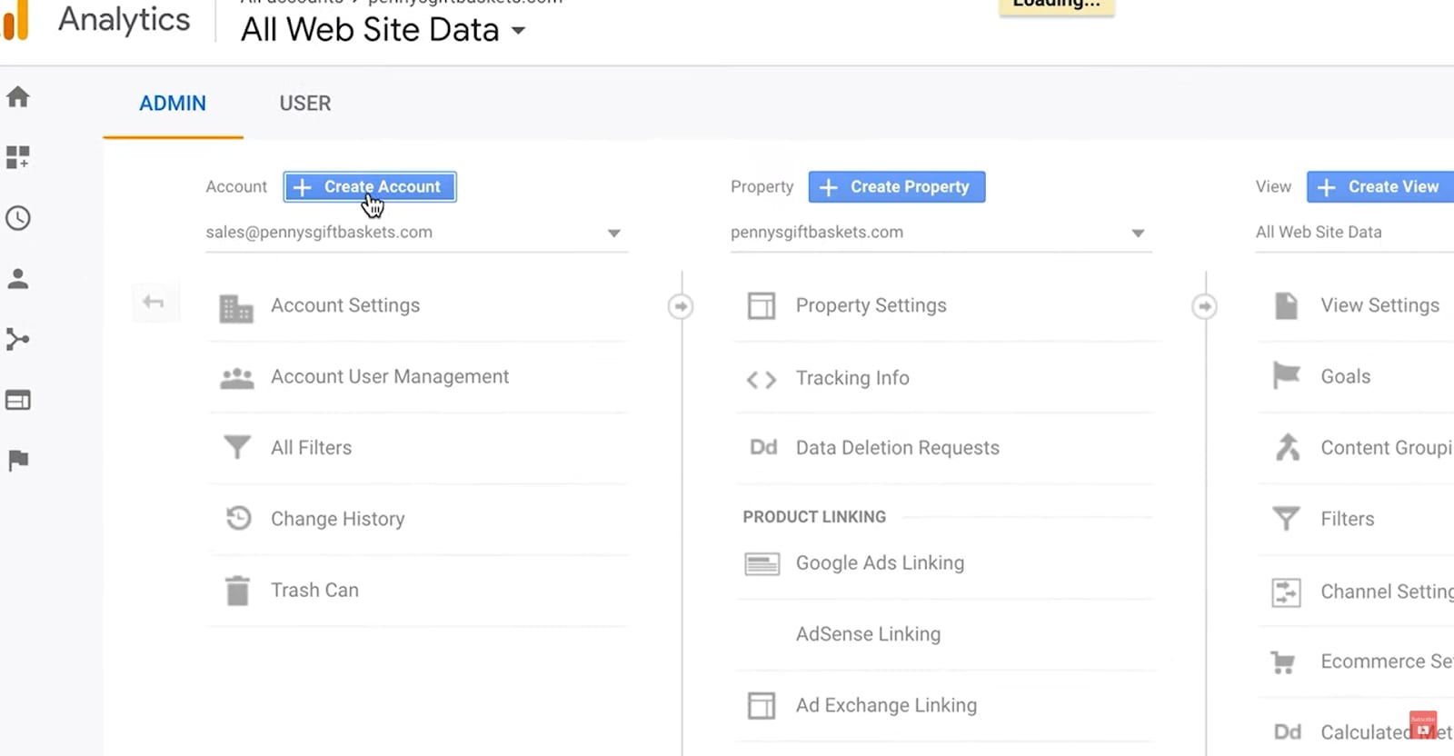 Google Analytics Admin Section: Google Analytics and Shopify